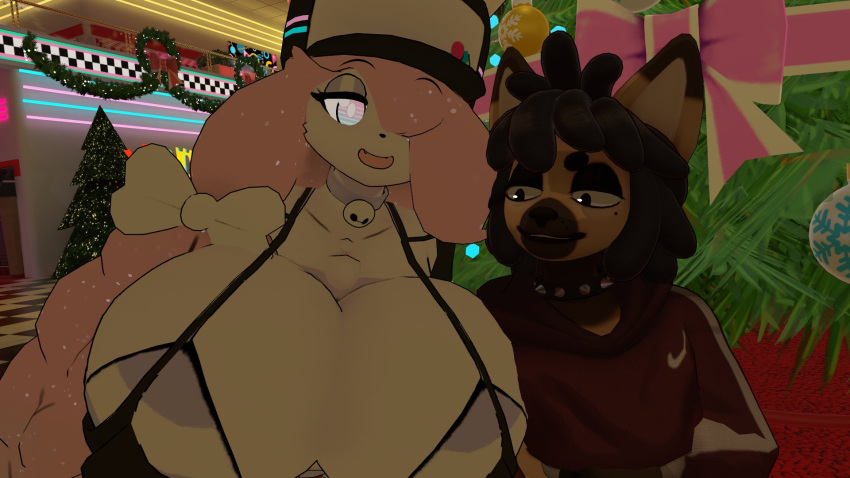 anthro big_breasts bra braided_hair breast breasts brown_fur busty canine collar crepe_(theycallhimcake) devin_(yungyiff) domestic_dog dreadlocks furry furry_only german_shepherd hair hair_bow hat looking_at_viewer open_mouth open_smile pastel pink_hair screenshot smile spiked_clothing spiked_collar spikes sweater video_games virtual_reality vrchat vrchat_avatar