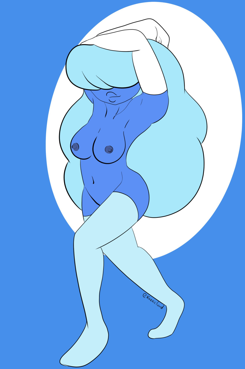 2d bangs_over_eyes big_lips blue-skinned_female blue_hair blue_skin breasts gem_(species) gloves kazecloud long_hair partially_clothed pussy sapphire_(steven_universe) steven_universe thighhighs