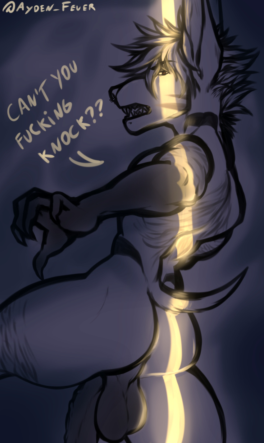 absurd_res angry anthro anubian_jackal ass ayden_(character) ayden_feuer balls big_balls big_butt big_ears big_penis canid canine canis dark_body dark_skin genitals hi_res jackal light looking_at_viewer male mammal markings monster muscular muscular_anthro penis piercing small_tail solo tattoo teeth teeth_showing text vein veiny_penis