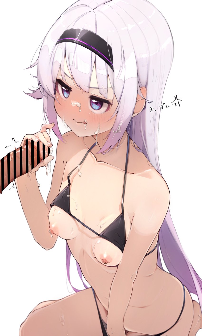 .live absurdres anger_vein areolae bar_censor bikini black_bikini blush bow breasts carro_pino censored collarbone cum cum_on_body cum_on_breasts ear_blush facial hairbow handjob highres kia_0088 micro_bikini nipples panties panty_pull penis purple_hair small_breasts smug solo_focus sweat swimsuit tongue tongue_out underwear virtual_youtuber white_background