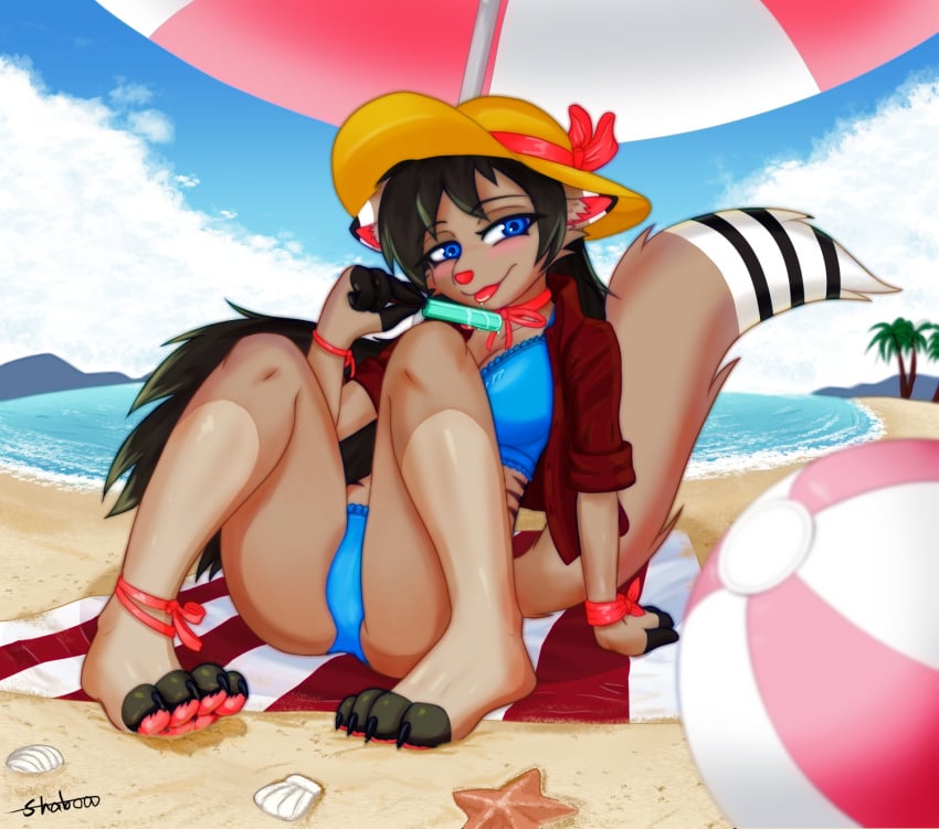 anthro beach bikini blue_eyes breasts clothed clothing felid feline female food hat headgear headwear hi_res mammal popsicle seaside shaboo solo swimwear umbrella