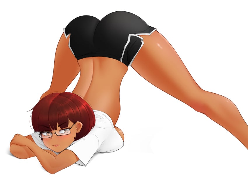 4:3_aspect_ratio angry ass ass_up bare_thighs black_shorts blush breasts brown_eyes clothing crossed_arms dark-skinned_female dark_skin eyebrows female fraankyy high_resolution jack-o'_challenge jack-o_pose large_ass large_breasts looking_at_viewer megane mole mole_under_mouth original original_character red_hair shirt short_hair short_shorts shorts shy simple_background spread_legs thick_ass thick_eyebrows thick_legs thick_thighs thighs top-down_bottom-up underboob white_background white_shirt