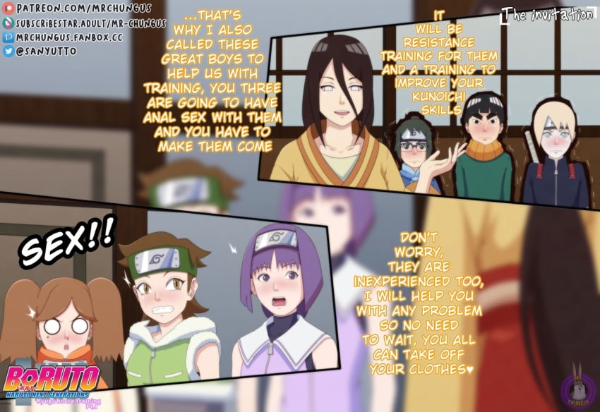 boruto:_naruto_next_generations commentary dialogue hyuuga_hanabi izuno_wasabi kakei_sumire kaminarimon_denki metal_lee mrchungus naruto naruto_(series) story suzumeno_namida text yamanaka_inojin