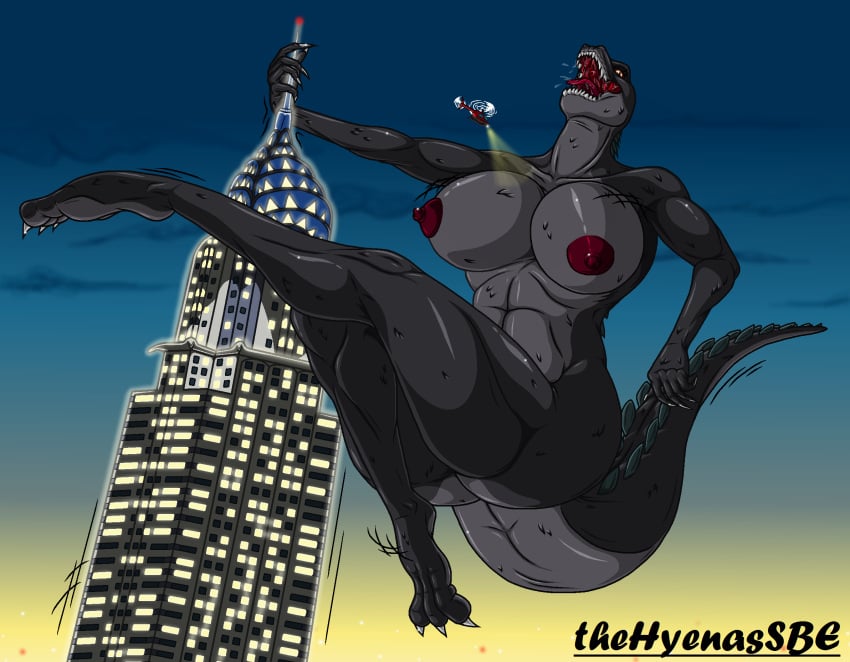 3_toes 5_fingers aircraft anthro big_breasts bodily_fluids breasts chrysler_building claws crossgender feet female fingers godzilla godzilla_(series) helicopter hi_res humanoid_hands kaiju nipples non-mammal_breasts open_mouth rule_63 saliva scalie sharp_teeth solo teeth thehyenassbe toe_claws toes toho