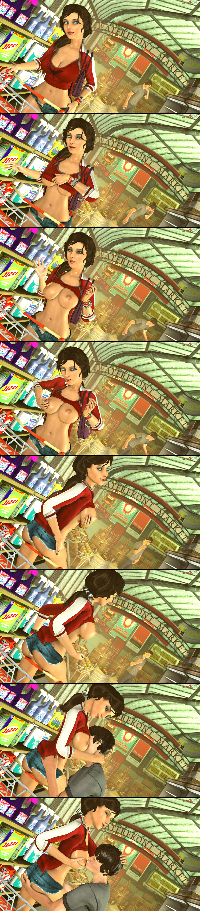 1boy 1girls 3d areolae ass ass_grab athletic athletic_female bare_midriff big_breasts bioshock bioshock_infinite blue_eyes bracelet breast_sucking breasts breasts_out brown_hair bubble_butt busty cleavage comic crop_top daisy_dukes edit elizabeth_comstock exhibitionism female fondling hourglass_figure large_breasts long_hair lovelysfm male navel nipples ponytail public public_exposure public_nudity public_use short_shorts skimpy skimpy_clothes sleeves_rolled_up sucking sweater tagme underboob wide_hips