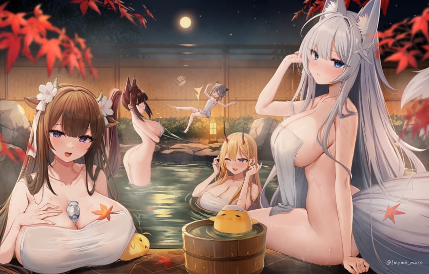 >_< 5girls :d ;d animal_ear_fluff animal_ears ass azur_lane between_breasts blonde_hair blurry bottle bottomless breasts brown_hair bucket bush collarbone cow_ears cow_girl cow_horns depth_of_field fence flat_chest flower fox_ears fox_tail full_moon grey_hair hair_flower hair_ornament highres horns huge_breasts kashino_(azur_lane) kii_(azur_lane) kumano_(azur_lane) lantern large_breasts leaf long_hair manjuu_(azur_lane) maple_leaf marota_(imyme_maro) milk_bottle moon multiple_girls naked_towel night night_sky one_eye_closed onsen open_mouth outdoors parted_lips purple_eyes sharp_teeth shinano_(azur_lane) sitting sky smile star_(sky) starry_sky suzutsuki_(azur_lane) tail teeth towel wading water wet