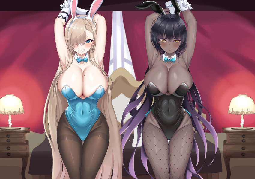 2021 2girls alternate_version_available animal_ears aqua_leotard armpit_crease armpits arms_behind_head arms_up asuna_(blue_archive) asuna_(bunny)_(blue_archive) bed bedroom black_hair black_leotard blue_archive blush bow bowtie breasts cleavage covered_navel curtains dark-skinned_female dark_skin detached_collar duo duo_focus eyebrows_visible_through_hair fake_animal_ears fishnet_legwear fishnets gloves groin hair_between_eyes hair_over_one_eye hair_over_shoulder high_ponytail highleg highleg_leotard highres huge_breasts karin_(blue_archive) karin_(bunny)_(blue_archive) lamp large_breasts leotard long_hair mole mole_on_breast moni_pai multicolored_hair multiple_girls official_alternate_costume open_mouth pantyhose parted_lips playboy_bunny purple_hair rabbit_ears room side_ponytail stomach strapless strapless_leotard streaked_hair teeth thigh_gap thighs two-tone_hair very_long_hair white_gloves wrist_cuffs