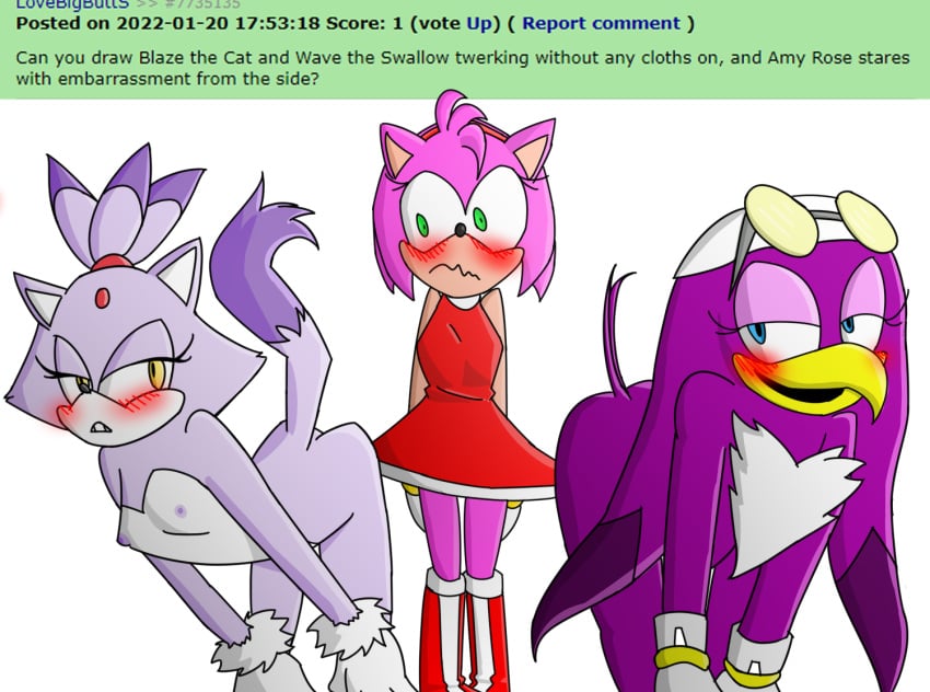 3girls amber_eyes amy_rose anthro ass avian beak bird blaze_the_cat blue_eyes blush blushing_profusely bob_cut breasts chest_tuft digital_media_(artwork) domestic_cat dress embarrassed english_text eulipotyphlan female female_only gloves green_eyes hair_tie hairband handwear hedgehog hi_res jakee leaning_forward multiple_girls naked nipples nude pink_fur pink_hair ponytail presenting presenting_hindquarters purple_body purple_fur purple_hair request rule_34_comment small_breasts sonic_(series) sonic_riders sunglasses sunglasses_on_head tail text twerking wave_the_swallow yuri