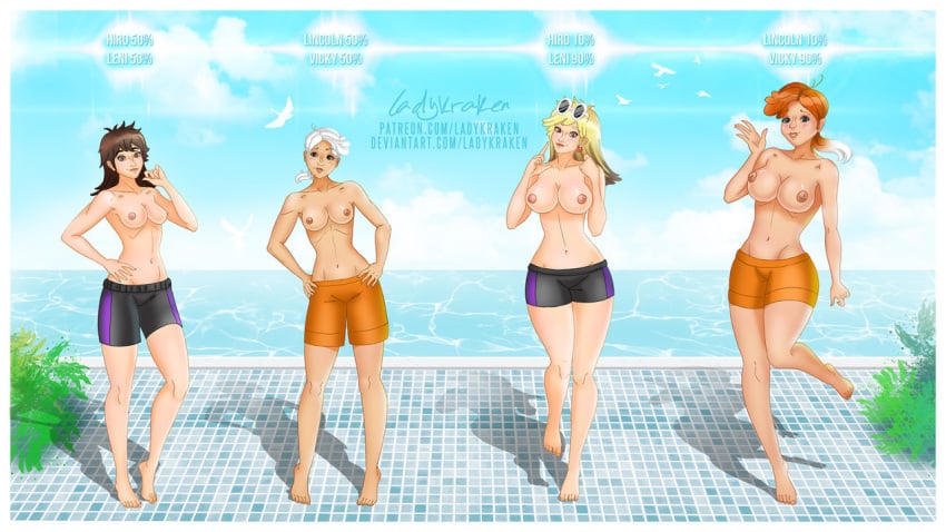 4girls barefoot big_hero_6 bottomwear breasts casual clothing female female_only fusion hiro_hamada human ladykraken large_ass large_breasts leni_loud linka_loud male_swimwear_challenge marvel marvel_comics mens_swimsuit_challenge multiple_girls navel nipples pale_skin rule_63 shorts straight_hair swimwear the_fairly_oddparents the_loud_house topless vicky_(fairly_odd_parents)