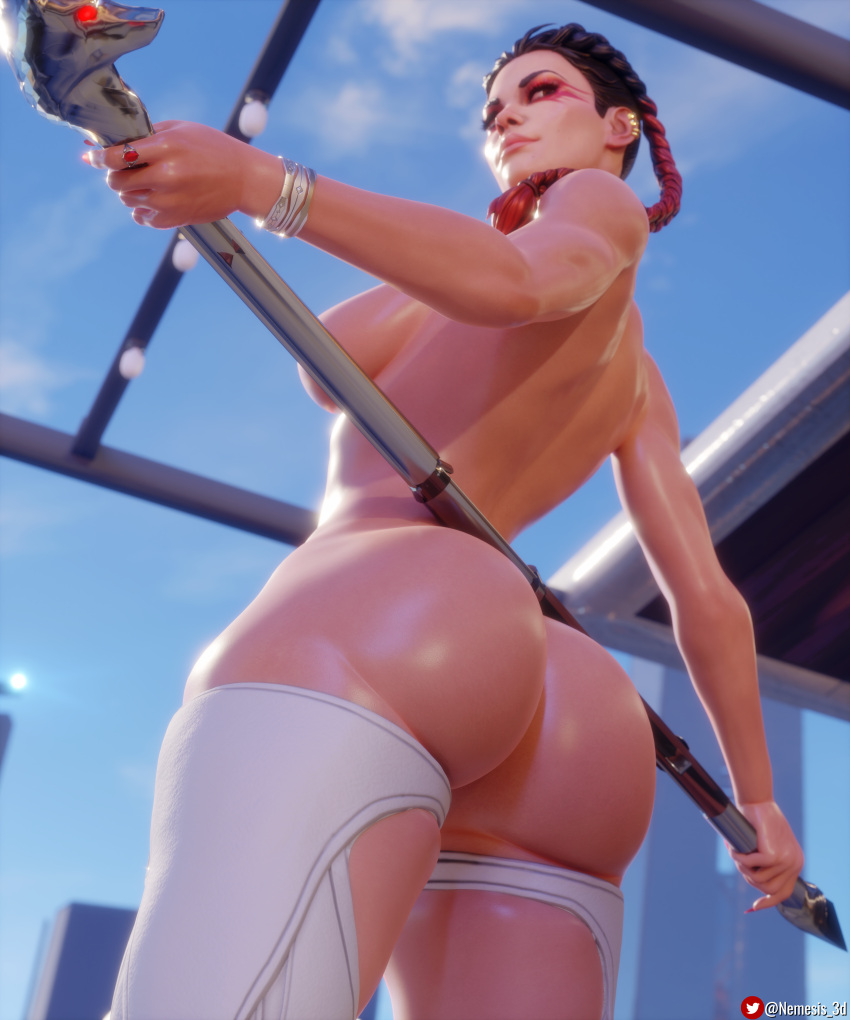 1girls 3d apex_legends ass back back_view boots braid braided_hair choker dark-skinned_female earrings female female_only fit fit_female high_heel_boots loba_(apex_legends) nemesis_3d over_shoulder solo thick_ass thick_thighs thighhighs thighs toned_back