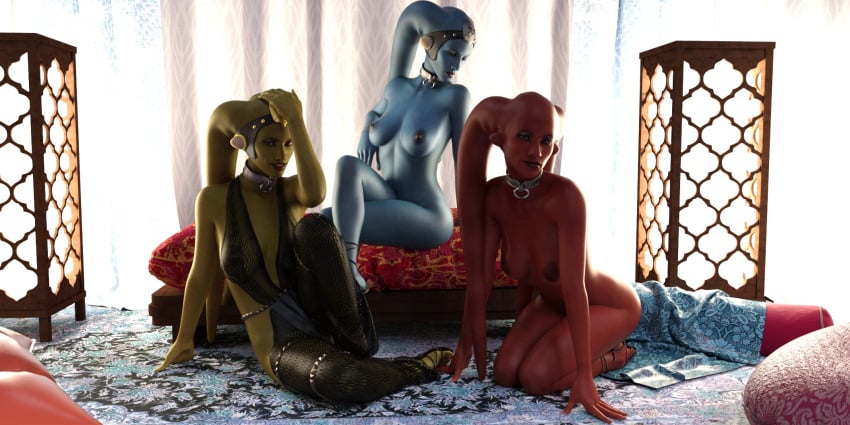 3d 3girls aayla_secura alien alien_girl athletic_female barefoot breedable drinkerofskies female female_only harem harem_girl lucasfilm nude_female oola original_character slave slave_collar slavegirl star_wars twi'lek