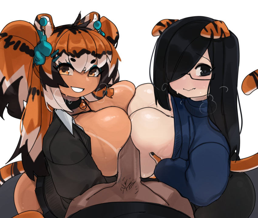 1boy 2022 2girls animal_ears black_eyes black_hair breasts breasts_out brown_eyes brown_hair character_request choker dark-skinned_male double_paizuri female ffm_threesome glasses gyaru hair_over_one_eye huge_breasts interracial large_penis light-skinned_female light_skin looking_at_viewer male male_pov massive_breasts original original_character paizuri penis pov pov_eye_contact simple_background smile striped_fur tail tan tan-skinned_female tanline tanlines tanned_skin three_tone_hair threesome ti-gyaru_(zanamaoria) tiger_ears tiger_girl titjob top_lift uncensored visible_breath white_background white_hair zanamaoria