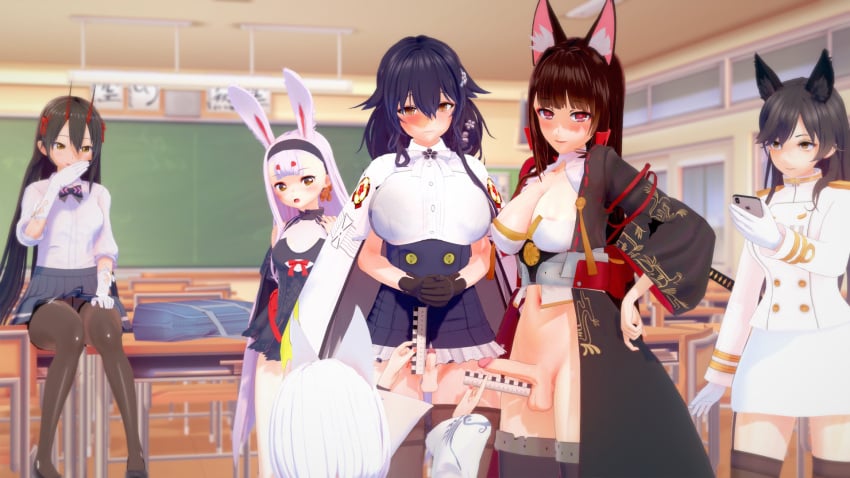 3d akagi_(azur_lane) atago_(azur_lane) azuma_(azur_lane) azur_lane big_penis classroom dress futa_on_futa futa_only futanari humiliation large_breasts long_hair measuring measuring_penis penis penis_size_difference school_uniform shimakaze_(azur_lane) small_penis small_penis_humiliation smaller_futanari suzuya_(azur_lane) uncensored