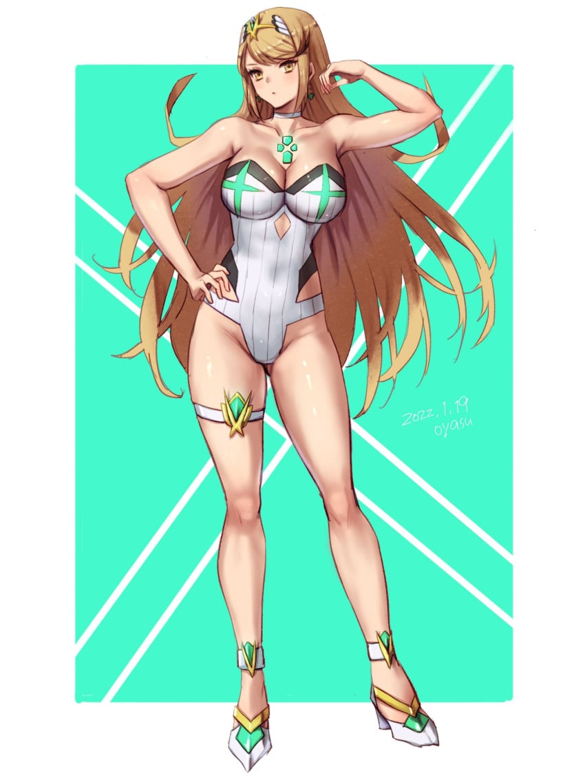 alternate_costume breasts female fully_clothed mythra nintendo oyasu oyasu_(kinakoyamamori) solo swimsuit tagme xenoblade_(series) xenoblade_chronicles_2