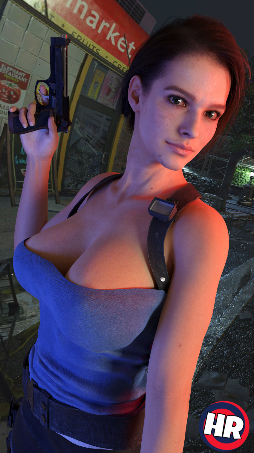 3d big_breasts blender brown_hair capcom cleavage female firearm green_eyes gun handgun harness hrstudio human jill_valentine jill_valentine_(sasha_zotova) looking_at_viewer outdoors phone_wallpaper resident_evil resident_evil_3 resident_evil_3_remake skirt solo weapon