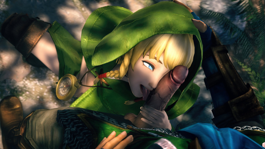 blonde_hair blue_eyes boots brandi_prime fellatio female gloves hand_on_head holding_penis hood humanoid hylian hyrule_warriors legwear licking_penis link linkle male masturbation neckwear oral outerwear pale_skin squatting the_legend_of_zelda twintails