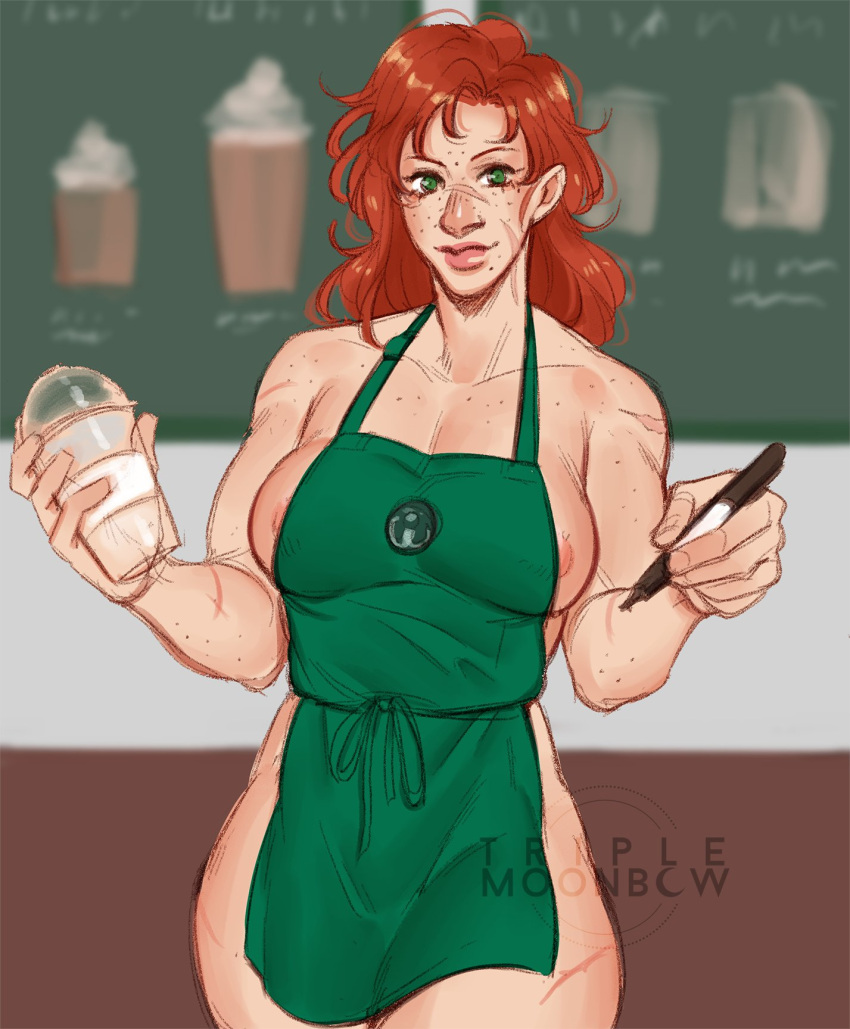 apron apron_only areola_slip areolae breasts cleavage cup freckles iced_latte_with_breast_milk marker meme morrighan_o'hara red_hair scars triple_moonbow