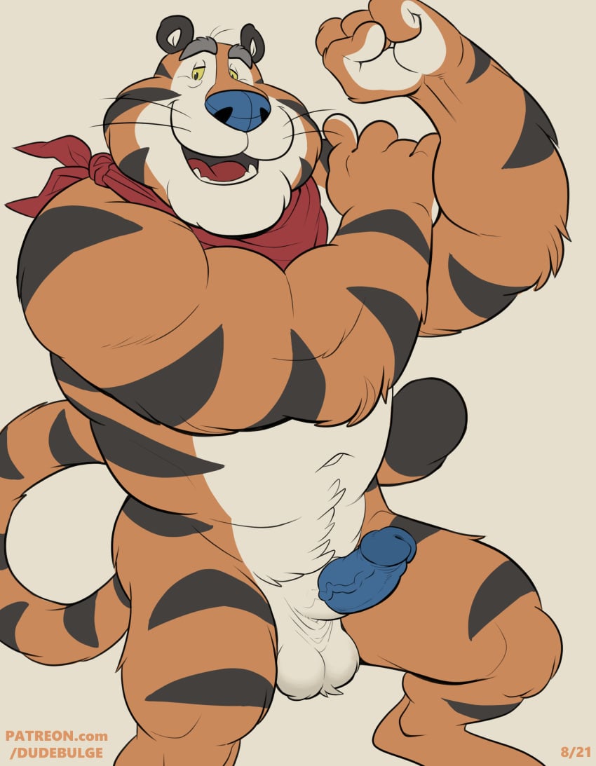 absurd_res animal_genitalia anthro ball_tuft balls bandana bandanna_only biceps big_biceps big_muscles big_penis biped black_body black_fur black_stripes blue_penis body_hair dudebulge erection eyebrows felid flexing flexing_bicep frosted_flakes fur genitals glans grey_eyebrows happy_trail hi_res humanoid_genitalia humanoid_penis hybrid_genitalia hybrid_penis kellogg's kerchief kerchief_only male male_only mammal mascot mature_anthro mature_male mostly_nude muscular muscular_anthro muscular_male navel open_mouth open_smile orange_body orange_fur pantherine penis sheath sheathed_humanoid_penis smile solo striped_body striped_fur stripes teeth text tiger tongue tony_the_tiger tuft url vein veiny_penis whiskers white_body white_fur