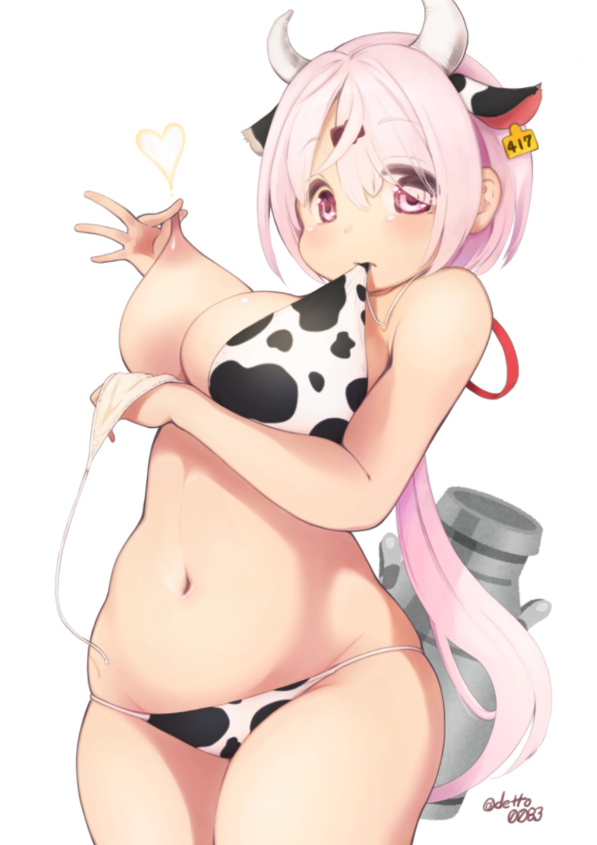 animal_ears animal_print bangs bikini blush bovine breast_lifted_by_nipple breasts cow_accoutrements cow_ears cow_girl cow_horns cow_print cow_tail deto ear_tag eyebrows_visible_through_hair female hair_ornament hair_ribbon hairclip highres horns large_breasts long_hair looking_at_viewer low_ponytail milk_churn mouth_hold nijisanji nipple_pull nipples one_breast_out pink_eyes pink_hair ponytail print_bikini red_eyes ribbon shiina_yuika signature simple_background solo swimsuit tail twitter_username virtual_youtuber white_background