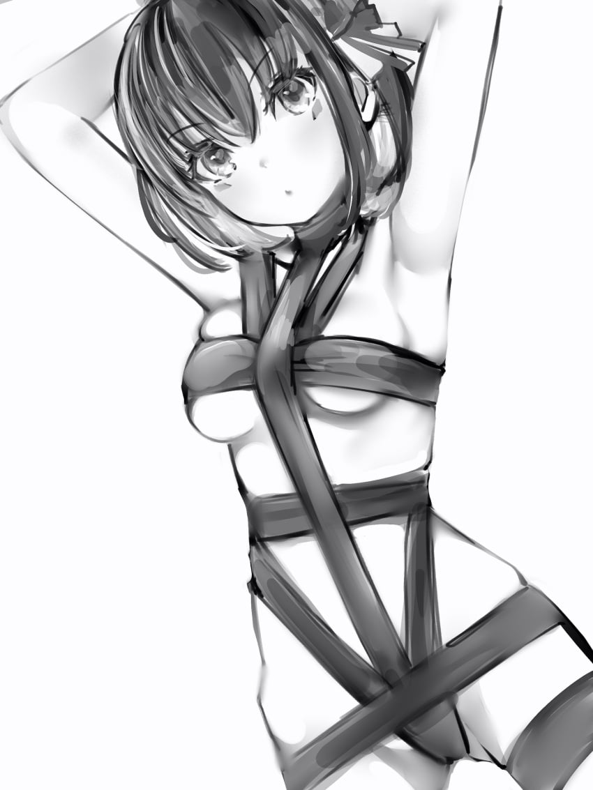 armpits arms_up azki_(hololive) blush breasts cameltoe cowboy_shot eyebrows_visible_through_hair female greyscale hair_ribbon hands_up highres hololive hololive_gen_0 hololive_japan looking_at_viewer medium_breasts medium_hair monochrome naked_ribbon nanashi_(nlo) ribbon simple_background skindentation solo standing underboob virtual_youtuber white_background