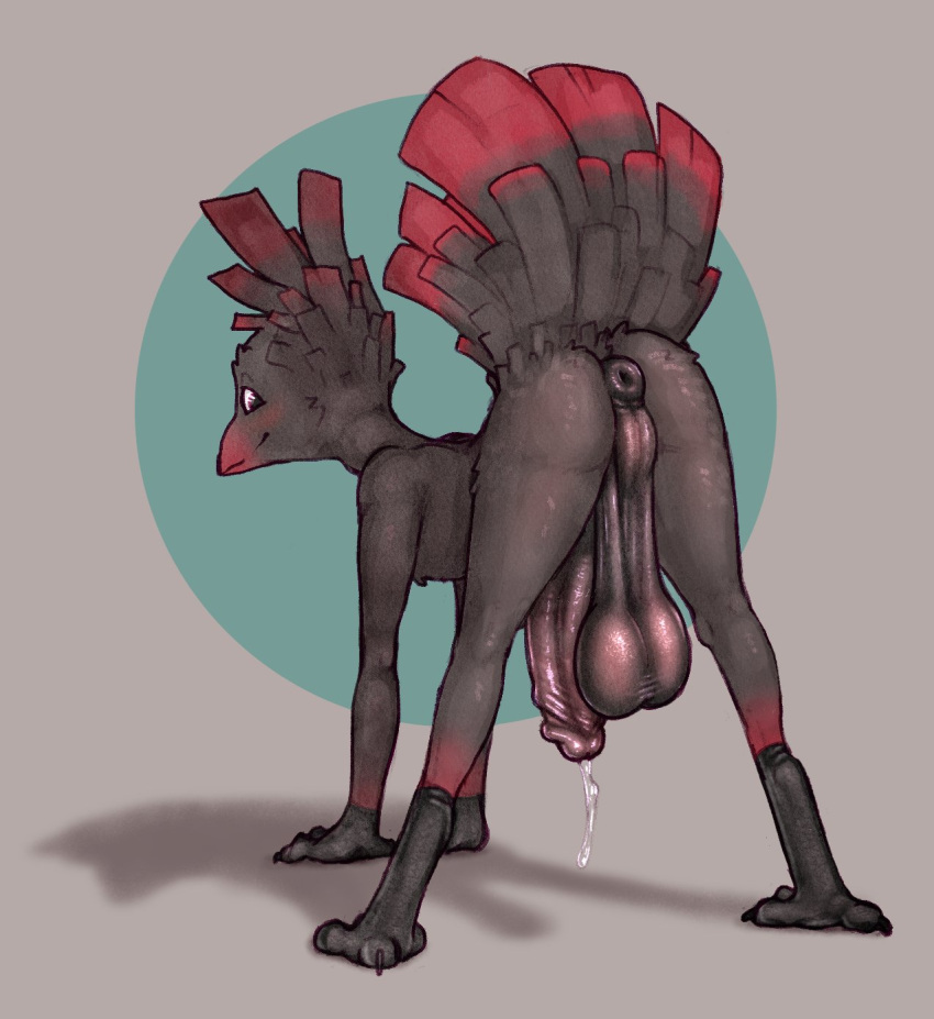 anthro anus ass avian balls bird_feet black_eyes bodily_fluids feathers fur genital_fluids genitals grey_body grey_fur hi_res humanoid_genitalia humanoid_penis looking_at_viewer male male_only multicolored_body multicolored_feathers multicolored_fur penis perineum precum presenting presenting_balls presenting_hindquarters puffy_anus saggy_balls scruffythedeer smile solo two_tone_body two_tone_feathers two_tone_fur