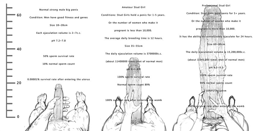 1boy 2futas chart cock_comparison cum_volume_chart engrish erection extreme_muscles futa_is_bigger futanari happy_trail huge_cock hyper hyper_penis male monochrome penis penis_growth penis_size_chart penis_size_difference pov pubic_hair standing text veiny_penis zanzou