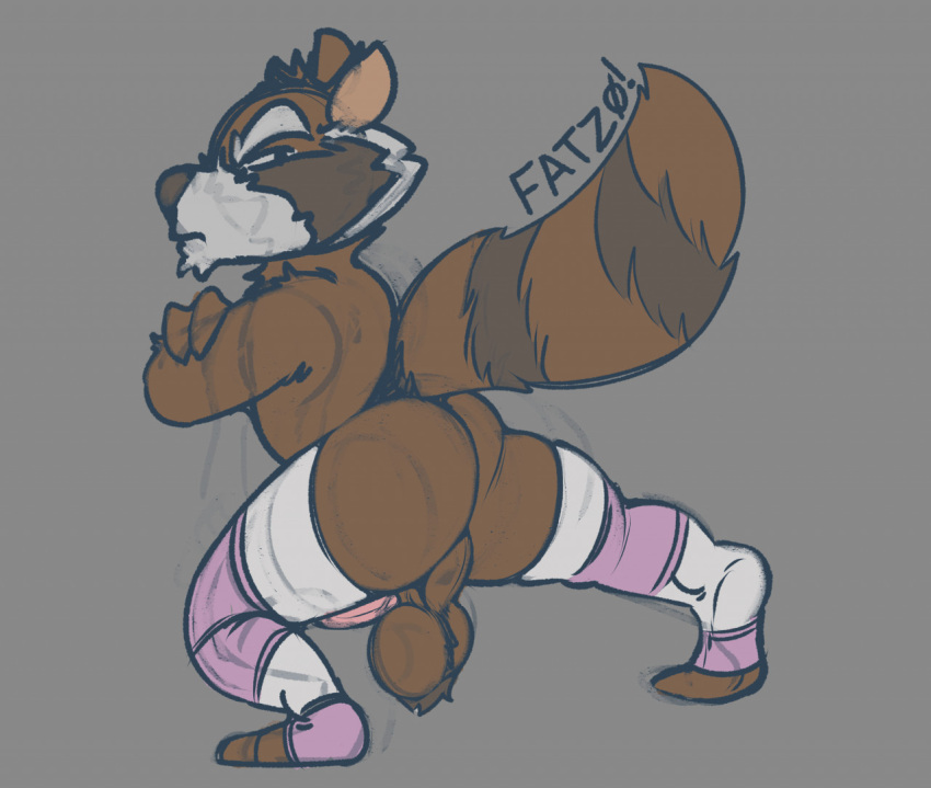 anthro ass backsack balls brown_body brown_fur clothing crossed_arms erection fatzoimp fur genitals guardians_of_the_galaxy legwear looking_back male male_only mammal marvel penis procyonid raccoon rocket_raccoon simple_background solo thigh_highs