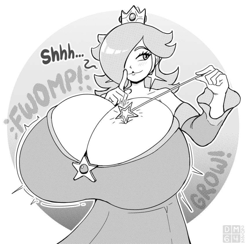 1girls big_breasts breast_expansion breasts cleavage female female_only hair_over_one_eye holding_object hyper_breasts large_breasts lucy_fuchs magic mario_(series) monochrome nintendo princess_rosalina shh slight_blush solo super_mario_galaxy wand