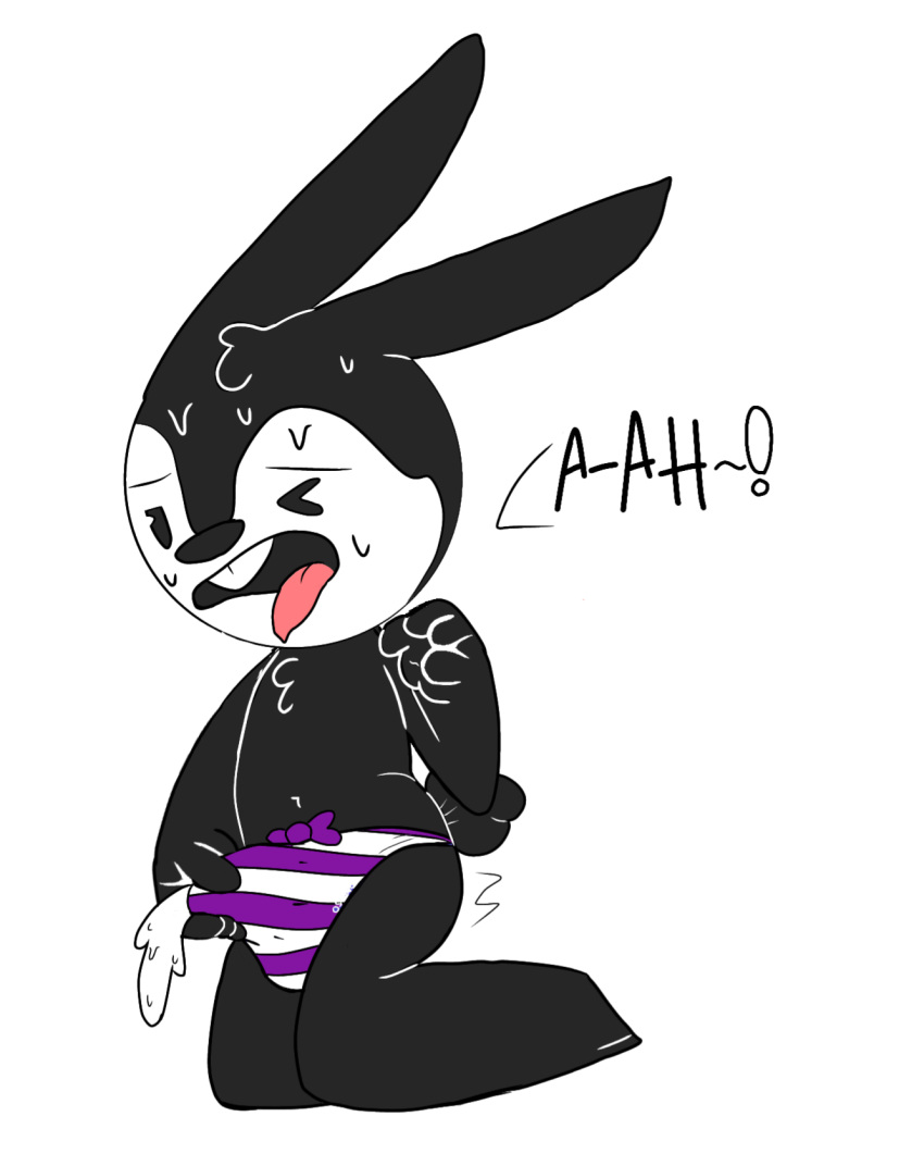 anthro bodily_fluids bulge clothing cum digital_drawing_(artwork) digital_media_(artwork) disney ejaculation erection genital_fluids hi_res lagomorph leporid long_ears male mammal nervous oswald_the_lucky_rabbit phant0mhat rabbit solo sweat tight_clothing