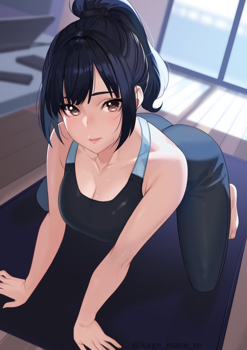 1girls absurdres all_fours bangs bare_arms bare_shoulders blush breasts brown_eyes cleavage dark_hair female highres indoors kagematsuri large_breasts long_hair looking_at_viewer original pants ponytail shirt smile solo sports_bra yoga yoga_mat yoga_pants