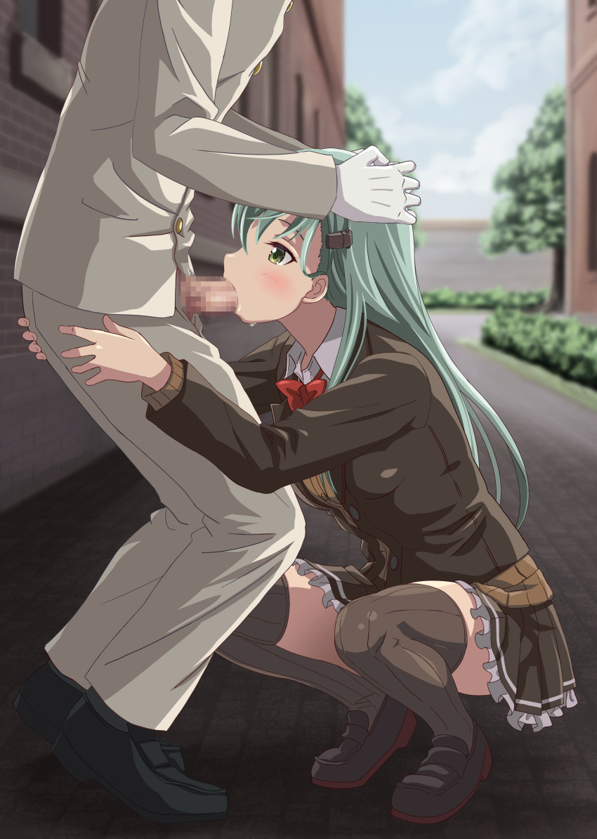 1boy absurdres admiral_(kantai_collection) ascot black_footwear blowjob bow bowtie breasts brown_cardigan brown_jacket brown_legwear brown_skirt cardigan censored fellatio female frilled_skirt frills hair_ornament hairclip hands_on_another's_head highres jacket kantai_collection large_penis loafers long_hair long_sleeves medium_breasts miniskirt miracan mosaic_censoring open_cardigan open_clothes oral oral_sex outdoors pleated_skirt red_bow red_bowtie school_uniform shoes skirt squatting straight suzuya_(kantai_collection) thighhighs