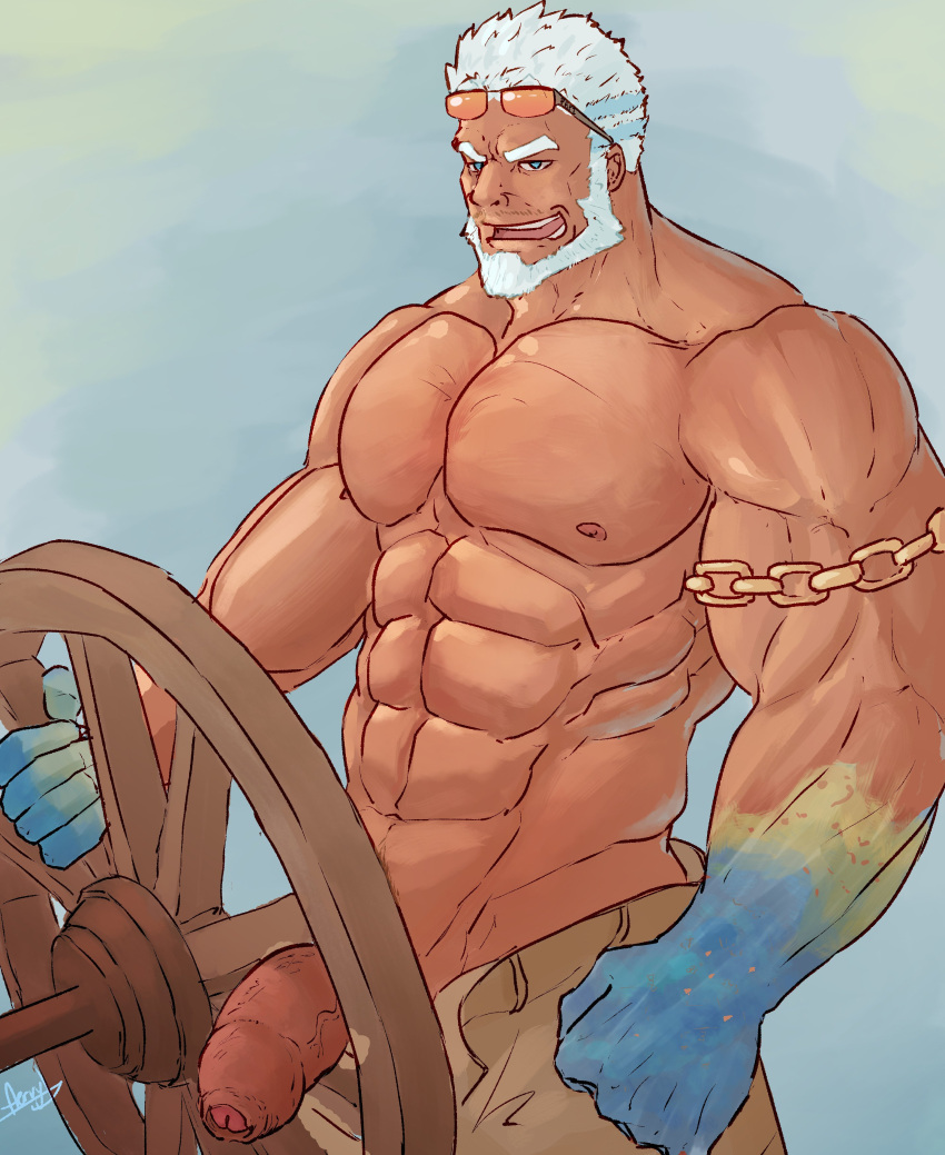 1boy abs absurdres aegir_(tokyo_afterschool_summoners) aer_(aertandstuff) aqua_hair bara beard blue_eyes brown_pants chains dark-skinned_male dark_skin facial_hair fins foreskin grin highres large_pectorals male male_focus male_only mature_male multicolored_hair muscular muscular_male navel nipples no_male_underwear open_fly pants pectorals penis short_hair smile smirk solo stomach streaked_hair sunglasses tokyo_afterschool_summoners topless_male uncensored veins veiny_penis wheel white_hair