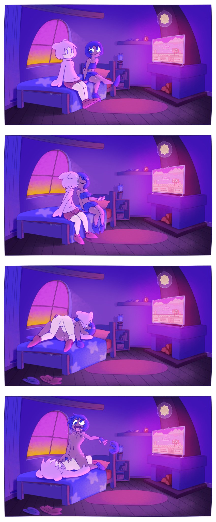 1boy 1girls bed bedroom clothing comic dark-skinned_female dark_skin electronics erect_clitoris erection female female_penetrated femboy femboy_on_female gooey_(kirby) kirby kirby_(series) kirby_boy kirby_dreamland_3 kirby_star_allies light-skinned_femboy light-skinned_male light_skin male male_penetrating male_penetrating_female minus8 nintendo pale_skin penetration penis pillow pussy_grip sex straight tagme television timelapse vaginal vaginal_penetration wholesome