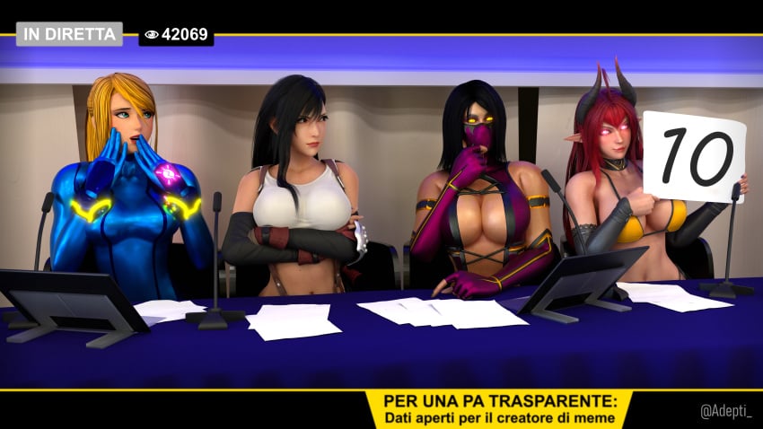 3d 4girls adeptusinfinitus angry bikini blender bodysuit breasts choker cleavage curious elbow_gloves final_fantasy final_fantasy_vii glowing_eyes horns horny italian_senate_hack meme metroid mileena mortal_kombat original_character samus_aran shocked sinia succubus succubus_horns tifa_lockhart xps