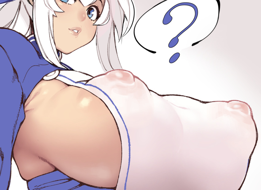 ? blue_eyes breasts closed_eyes covered_nipples erect_nipples_under_clothes female glo-s-s huge_breasts kamoi_(kantai_collection) kantai_collection looking_at_viewer no_bra parted_lips sideboob sidelocks thought_bubble upper_body white_hair