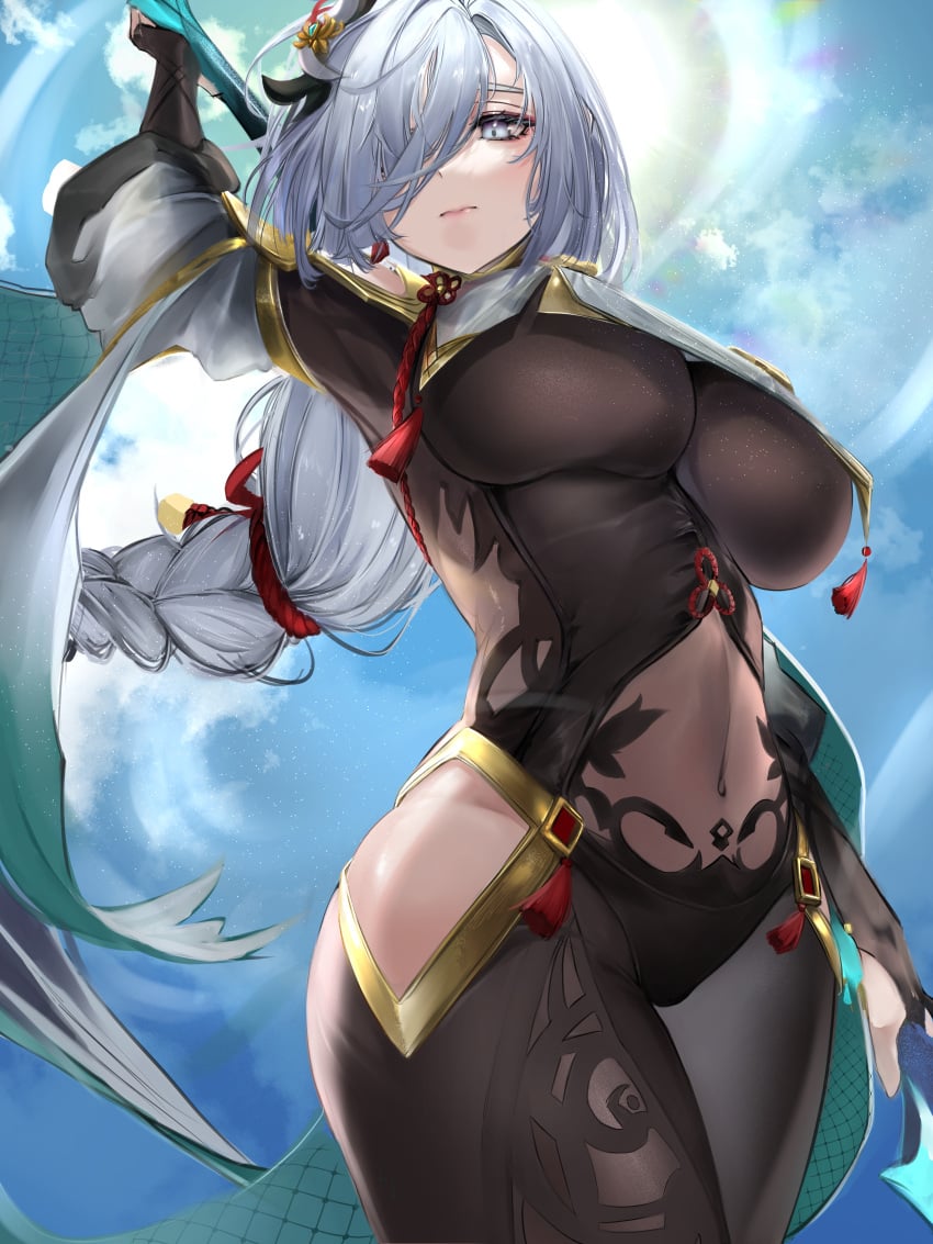 absurdres arm_up bare_shoulders black_bodysuit blue_eyes blue_sky bodysuit braid breast_curtain breasts cloud covered_navel cowboy_shot day female genshin_impact hair_ornament hair_over_one_eye highres hip_vent large_breasts long_hair looking_at_viewer mookie_(e_mook9) polearm shenhe_(genshin_impact) sky solo thighs very_long_hair weapon white_hair