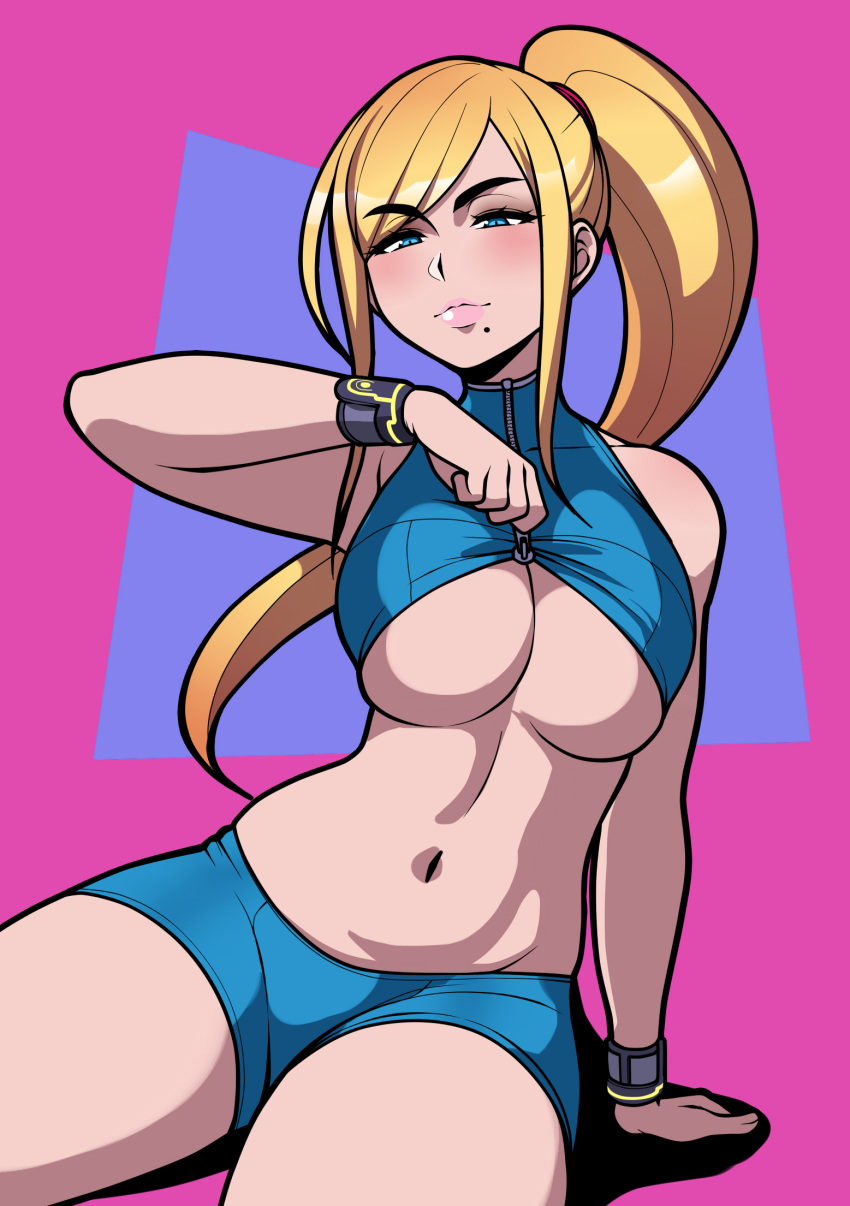 1girls abstract_background beauty_mark belly_button big_breasts big_lips bimbo blonde blonde_hair blue_eyes blush breasts cleavage cropped_legs eyebrows_visible_through_hair female female_focus female_only jam-orbital large_breasts looking_at_viewer metroid ponytail samus_aran shirt_lift sitting solo solo_focus spandex_shorts tagme thick_thighs thighs underboob