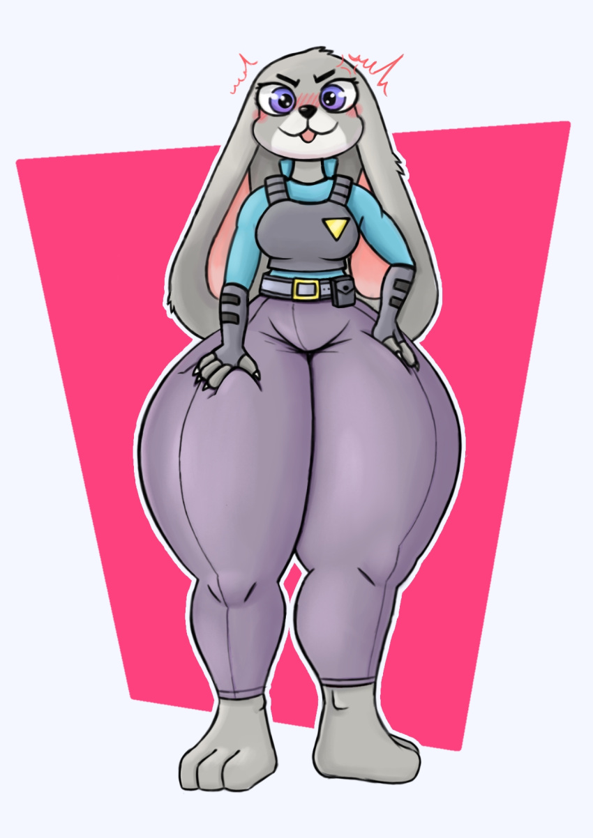 anthro barefoot blue_shirt blush blushing clothing disney female grey_fur judy_hopps nulo pants plain_background police police_officer policewoman purple_eyes rabbit tagme thick thick_thighs vest zootopia zootropolis