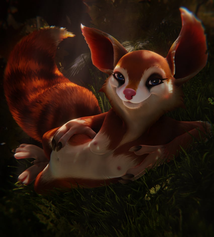 1:1 3d 4_fingers anthro big_ears breasts claws dota dota_2 female fingers forest forest_background fur grass hi_res hoodwink_(dota) lies makeup mammal nature nature_background nipples plant red_body red_fur rodent sciurid smile solo tail_tuft tree tree_squirrel tuft video_games vlad-lox white_body