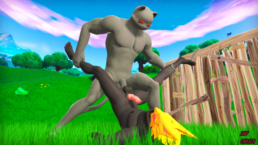 3d_(artwork) anal anal_sex animal_genitalia animal_penis anthro balls burning_wolf_(fortnite) canid canine canine_penis canis digital_media_(artwork) domestic_cat duo epic_games eye_contact felid feline felis fortnite genitals grass hands_on_legs hi_res looking_at_another male male/male mammal mask meowscles_(fortnite) muscular muscular_male nude on_ground penetration penis plant public public_nudity public_sex scar scarf sex shadow_meowscles_(fortnite) sky_chaser source_filmmaker video_games wolf