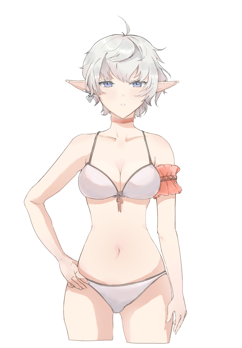 1girls ahoge alisaie_leveilleur armband belly_button blue_eyes bra clavicle cleavage collarbone cowboy_shot cropped_legs earrings elezen elf elf_ears elisi exposed_belly female female_only final_fantasy final_fantasy_xiv frills hand_on_hip light-skinned_female light_skin lowleg_panties matching_hair/eyes navel neck_ribbon o-ring_top padded_bra panties pointy_ears short_hair silver_hair slim_girl slim_waist solo standing swimsuit thigh_gap white_background white_bikini white_hair white_panties