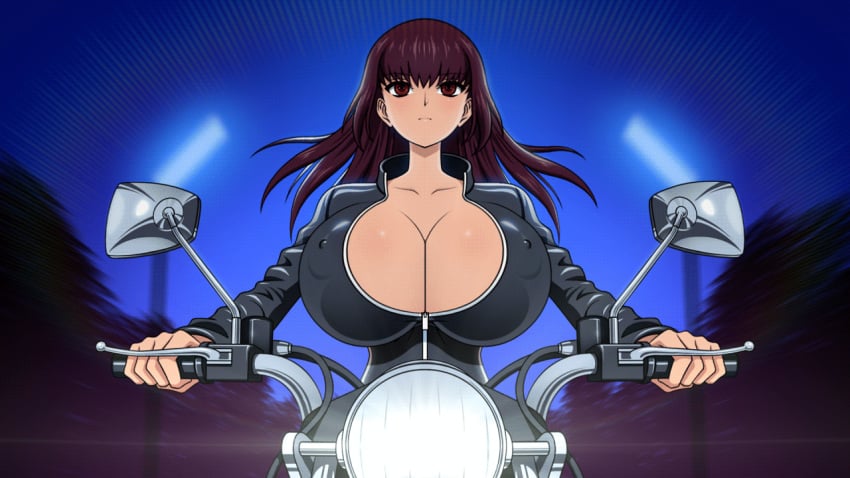 1girls 2d akiranime animated big_breasts bodysuit bouncing_breasts breasts brown_eyes brown_hair busty cleavage covered_nipples curvaceous driving expressionless female female_only huge_areolae huge_breasts huge_nipples human large_breasts latex latex_suit light_skin long_hair motorcycle partially_unzipped please_don&#039;t_bully_me,_nagatoro president_(nagatoro) riding sana_sunomiya solo zipper zipper_down