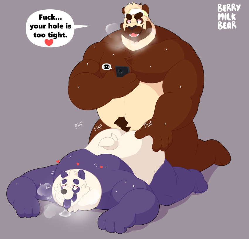 2022 anthro berrymilkbear black_nose bodily_fluids brown_body cellphone drooling duo english_text giant_panda hi_res humanoid_hands lying male male/male mammal overweight overweight_male phone purple_body saliva sex simple_background smartphone sweat text tongue tongue_out ursid white_body