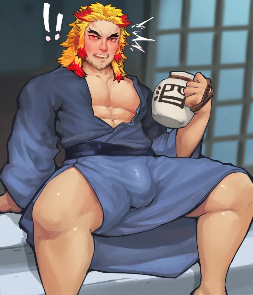 abs alcohol bara blonde_hair blush bulge demon_slayer dilf drunk facial_hair flaccid ibarra_bara kimetsu_no_yaiba kimono looking_at_viewer male male_only muscular muscular_male open_kimono pecs red_eyes rengoku_shinjurou shoji sitting solo spread_legs stubble thick_eyebrows two_tone_hair