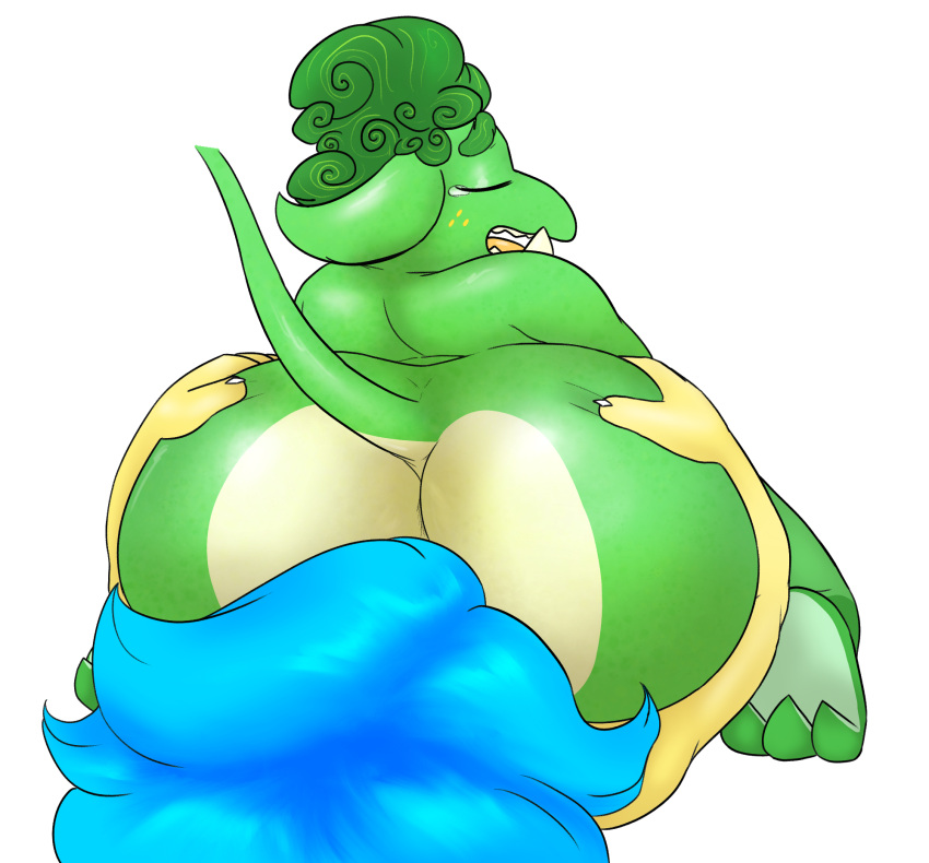 3_toes alien alternate_universe alternate_version_at_source anal anthro ass big_butt big_ears blue_hair bodily_fluids butt_focus chubby_anthro chubby_male closed_eyes countershading crossover duo facesitting fangs feet glistening green_body green_hair green_skin hair hi_res kneeling koopa koopaling larry_koopa male male/male mario_(series) nintendo nood1e oral orange_tongue overweight overweight_anthro overweight_male pawpads paws raised_tail rimming scalie sex shaded slightly_chubby sol_(nood1e) tears toes tongue tusks unknown_species video_games yellow_body yellow_skin