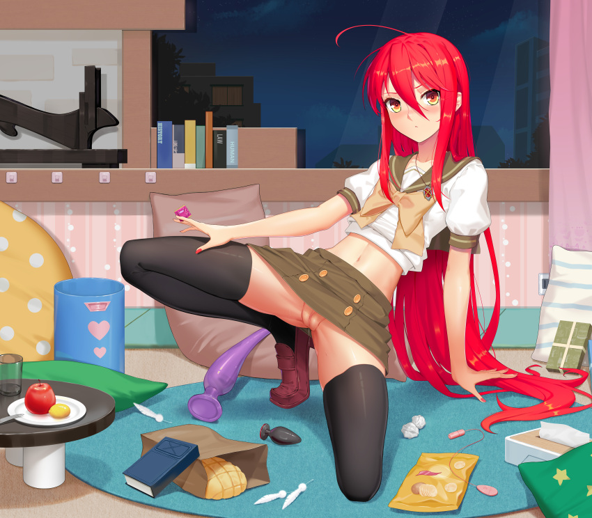 absurdres ahoge apple bangs black_legwear blush book bread buttplug condom condom_wrapper female food fruit full-face_blush green_sailor_collar green_serafuku green_skirt hair_between_eyes highres indoors jewelry jpg lemon long_hair looking_at_viewer melon_bread midriff misaki_high_school_uniform nail_polish navel night no_panties one_knee pendant pussy red_eyes red_hair remote_control_vibrator sailor_collar school_uniform serafuku sex_toy shakugan_no_shana shana skirt solo sonikey0_0 thighhighs uncensored very_long_hair vibrator vibrator_cord window