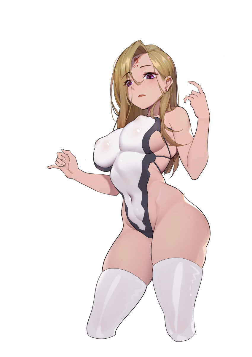 1girls big_breasts blonde_hair cropped_legs earrings female female_only leotard meng_zhongfeng_ji_li_mm nipple_bulge nipples_visible_through_clothing original plain_background purple_eyes skin_tight tagme thick_thighs thighhighs white_background