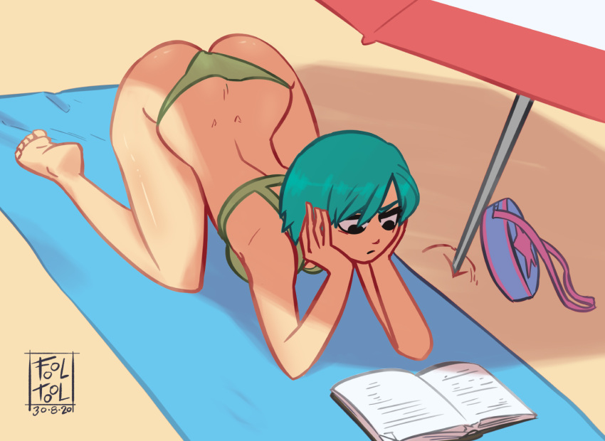 ass ass_up beach bikini blue_hair book clothed clothed_female feet female fool_tool on_elbows on_knees preka ramona_flowers reading scott_pilgrim towel