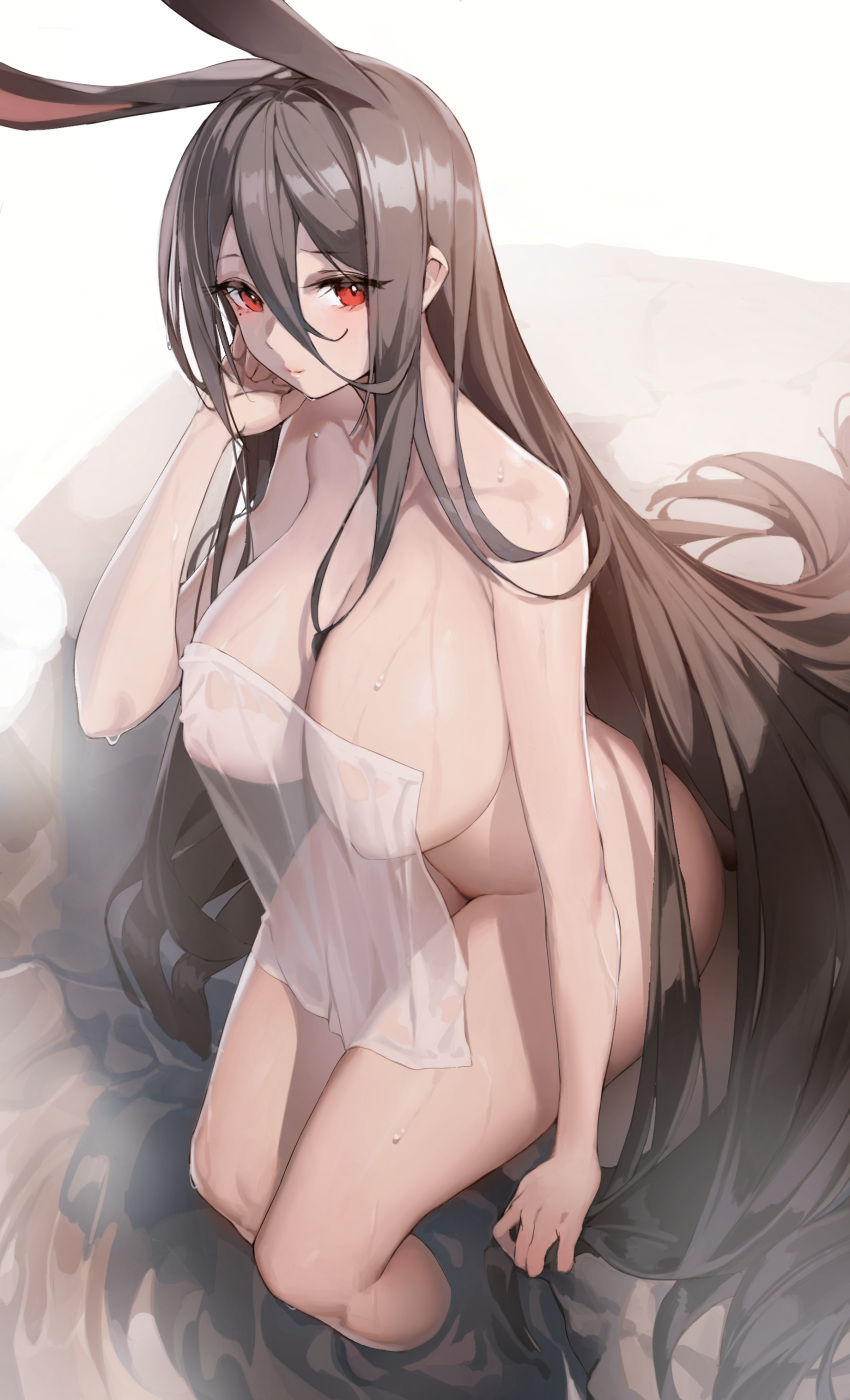 1girls absurdres animal_ears bangs black_hair black_rabii_(kerinyan) blush breasts bunny_ears closed_mouth collarbone eyebrows_visible_through_hair female from_above hair_between_eyes highres huge_breasts light-skinned_female light_skin long_hair looking_at_viewer looking_up ludaf naked_towel original rabbit_ears red_eyes see-through sitting solo solo_female towel