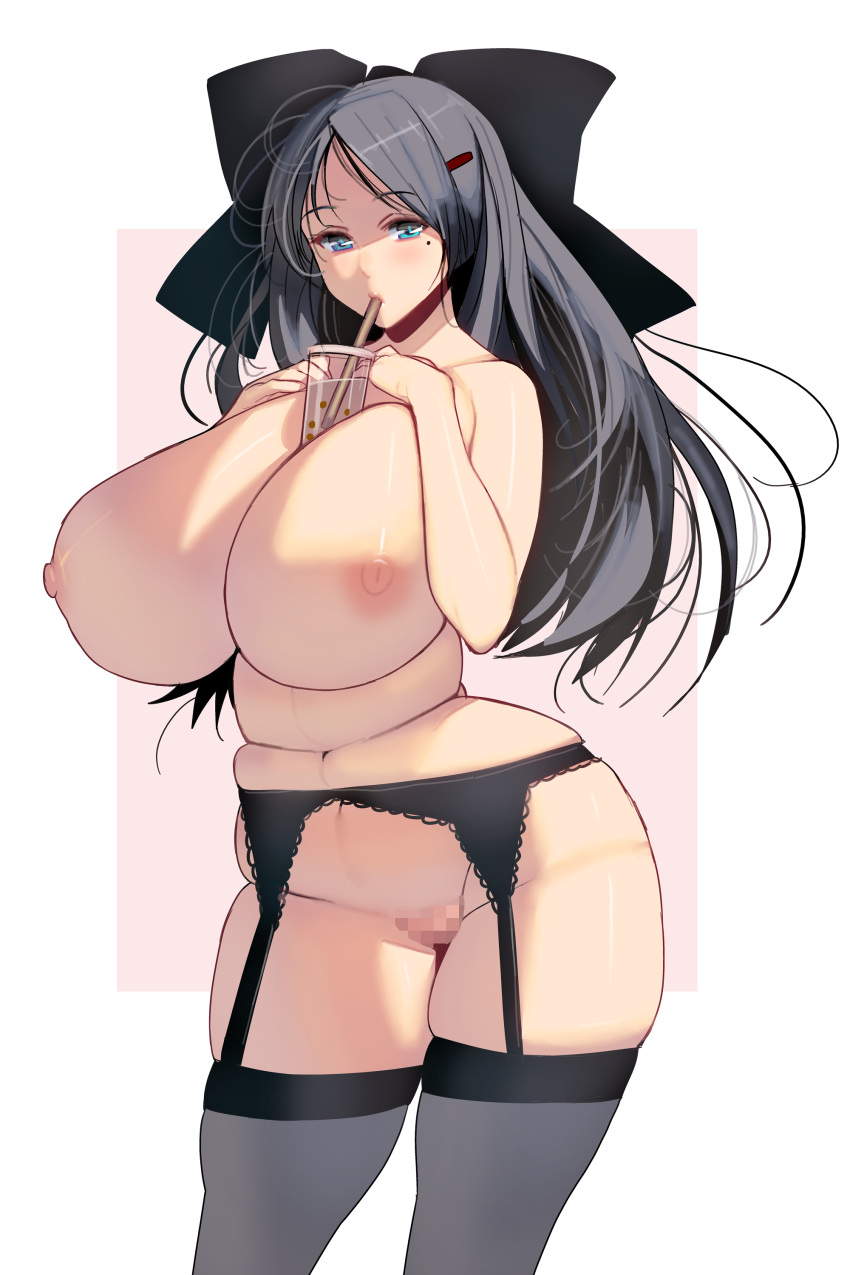 big_breasts black_hair blue_eyes bubble_tea bubble_tea_challenge female female_only functionally_nude garter_belt garter_straps hairbow hairclip huge_breasts long_hair looking_at_viewer masao mole_under_eye mosaic_censoring naked_stockings object_between_breasts original plump sheer_legwear solo stockings thick_thighs thighhighs topless wide_hips zettai_ryouiki